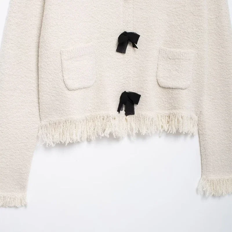 Fashion Tassel Knit Skirt Set Women Bow Buckle O-neck Long Sleeve Cardigan Sweater Mini Skirts Suit New in Matching Outfit