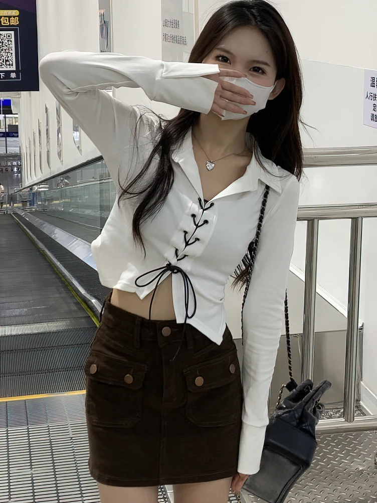 Lace Up Long sleeve Korean Dongdaemun Youth Trend Shirts Blouses Women Autumn Basic Crop Shirt New White Black