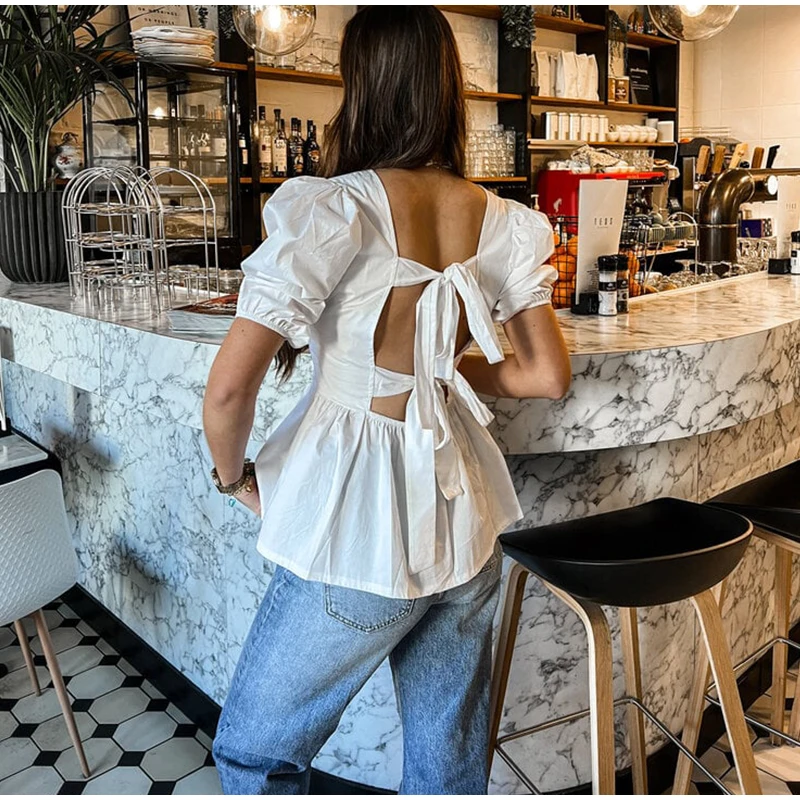 Vintage Lace Up Puffy Sleeve Shirts Women Elegant Solid Backless Square Collar Shirt Female Summer Sweet Fashion Street Tops