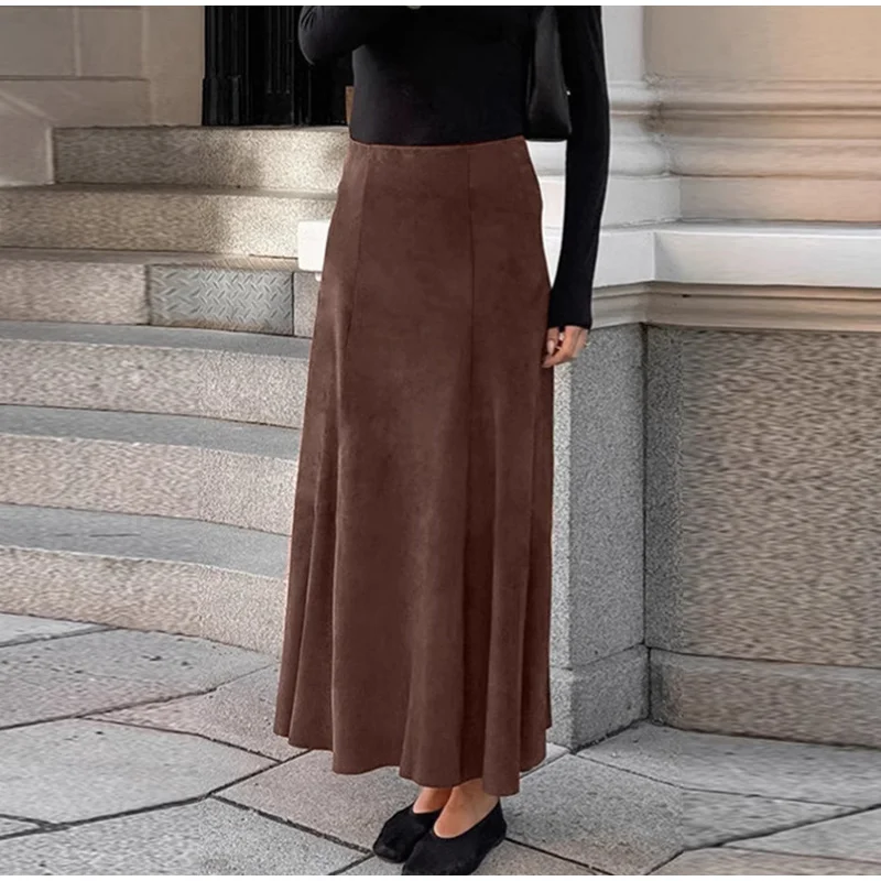 Vintage Suede Brown Skirts Women Fashion Pleated Slim Zipper Office Lady Skirts Elegant Female High Waist Party Wear New