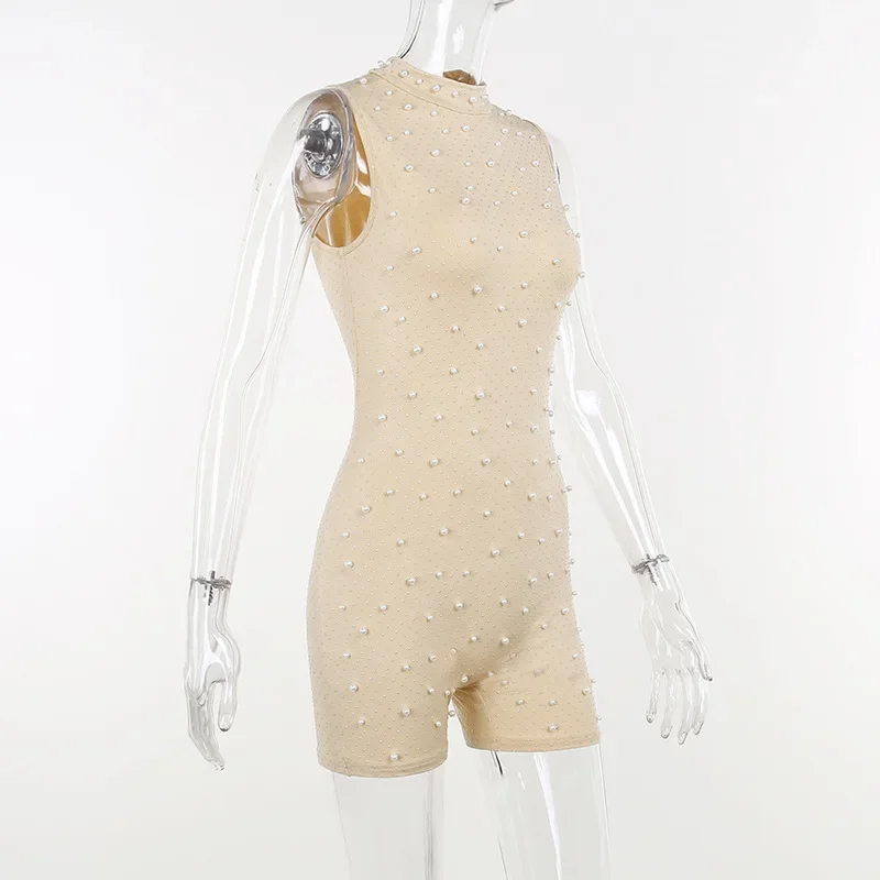 Bodycon Rompers Beading Playsuit Women Y2k Clothes Sleeveless Combinaison Femme Sexy Bodysuits O-Neck One Piece Club Outfit