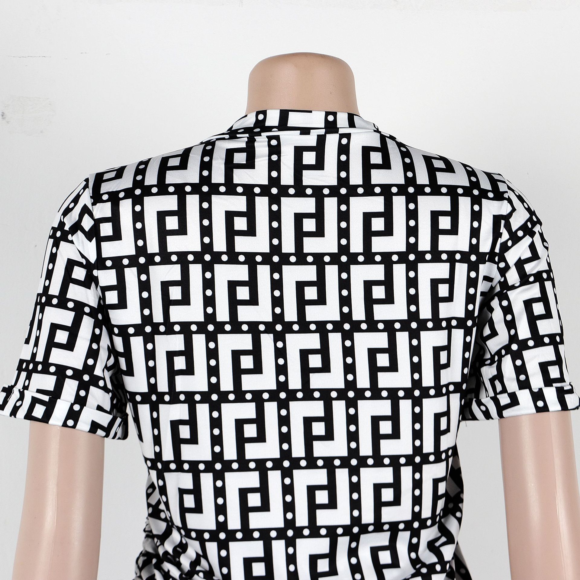 Women Printed V neck Pleating Wide Leg Pants Two Piece Set