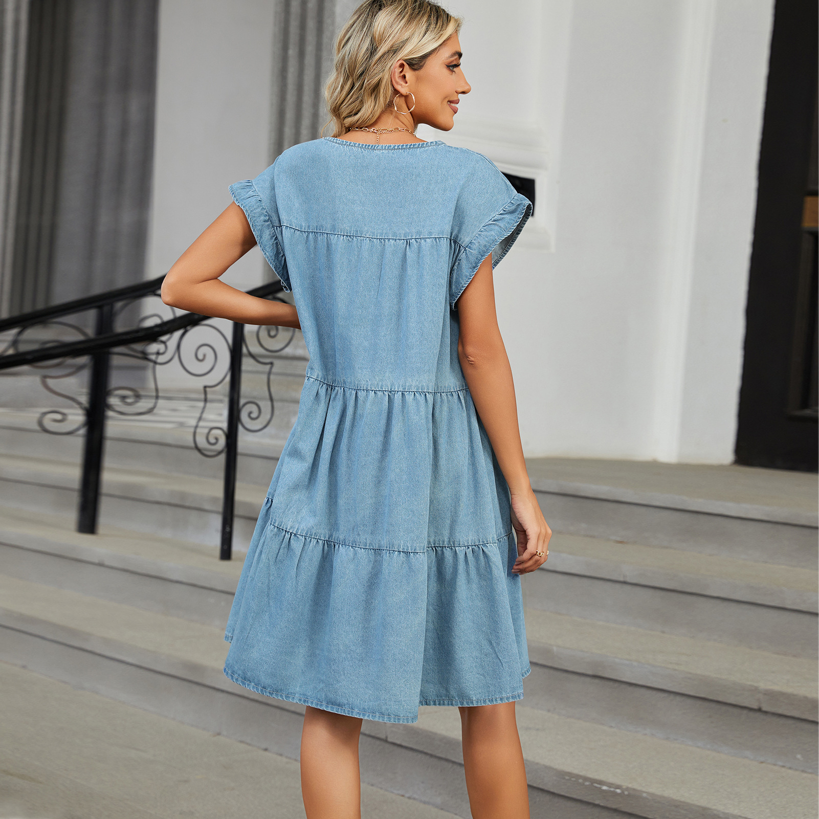 Women Clothing Summer Solid Color Pullover round Neck Denim Dress Loose Casual Dress