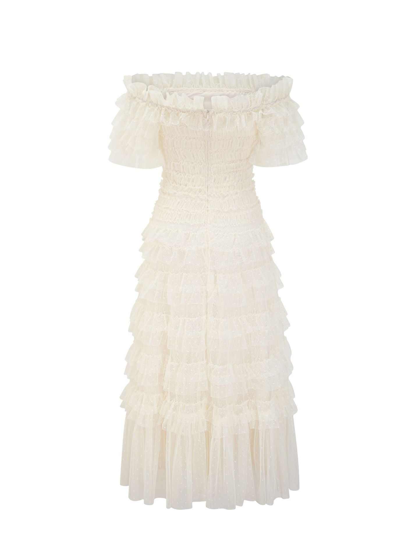 Party Maxi Dresses Embellished Collar Ruffles Polka Dot Sheer Semi Formal Dress