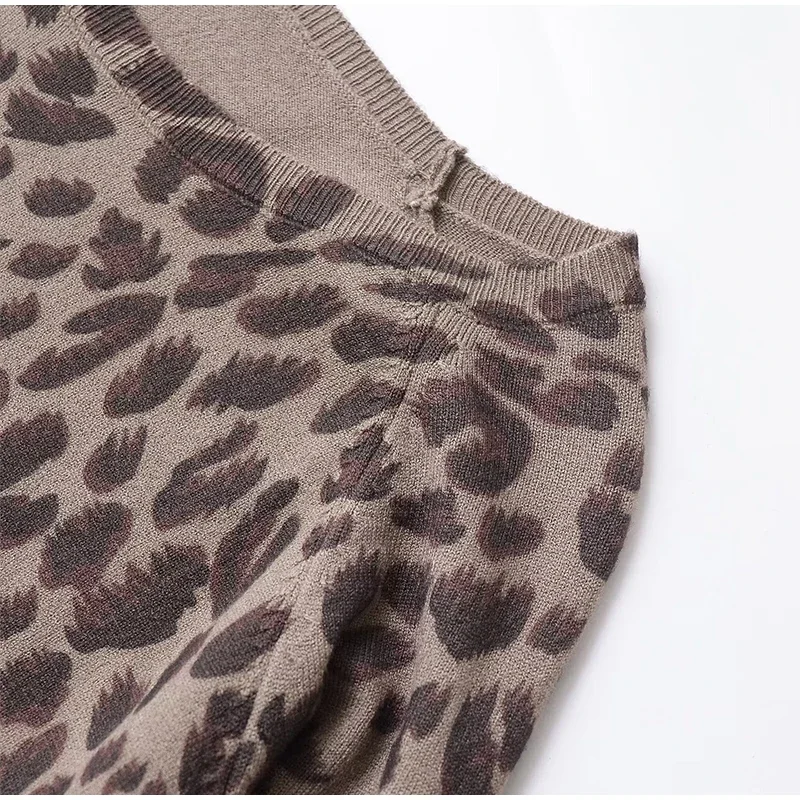Leopard Knit Pullover Women Casual Loose Round Neck Long Sleeves Sweater Tops 2025 Spring Summer Fashion Lady Y2K Streetwear