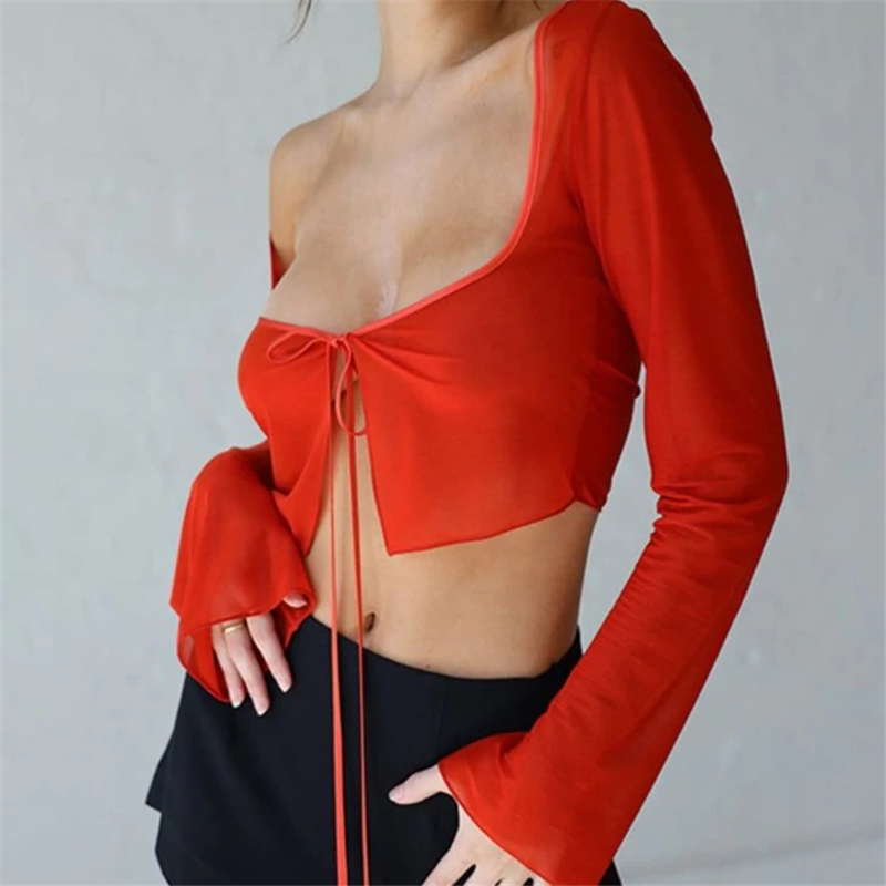 Vintage Aesthetic Crop Top Summer Women Mesh Long Sleeve T Shirt Lace Up Bandage Clothes y2k Clothes Casual Grunge Tees