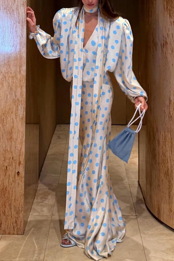 Vayla Satin Colorblock Polka Dot Print Tie-up Neck Balloon Sleeve Loose Blouse