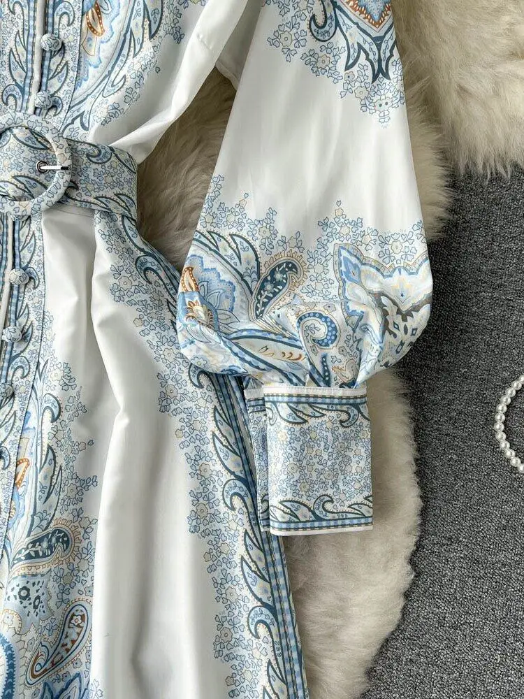 New Women Vintage Party Dress Fashion Long Sleeve Single Breasted Stand Collar Elegant Printed Long Dresses Spring Autumn Robe