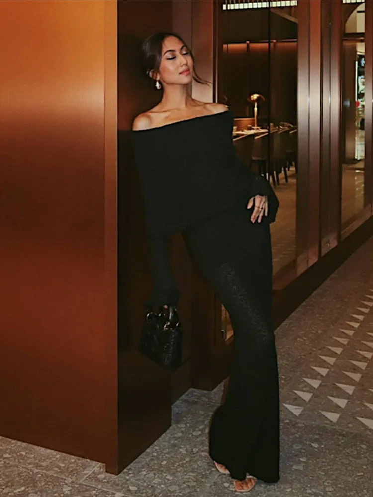 Beach Knitted Off The Shoulder Long Dress Women Slim Flare Sleeve Hollow Out Maxi Dresses 2025 Summer Lady Hip Package Robes