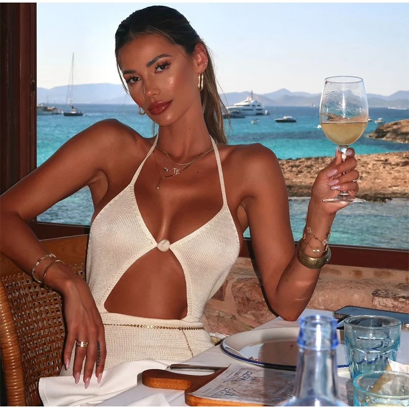 Women Knit Halter Maxi Dress Backless Lace Up V Neck Cutout Bodycon Long Dresses 2025 Summer Vacation Party Holiday Robes New