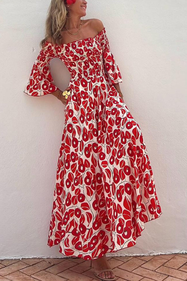 Vacation style fashionable floral print pleated one shoulder design pocket long dress