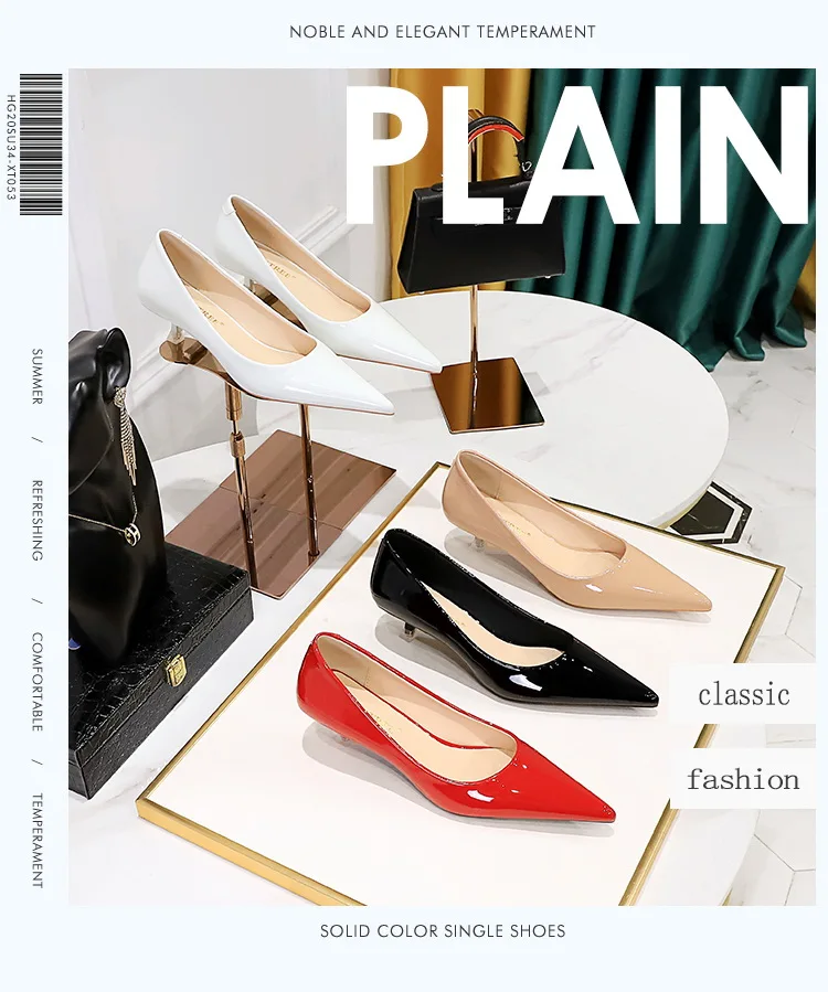Patent Leather Mid Heel Women Shoes Spring New Kitten Heels 4.5 Cm Pointed Shoes Women Pumps Occupational OL Office Heels