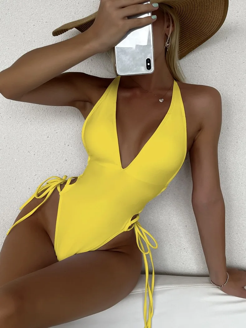 Solid V-neck One Piece Swimsuit for Women Sexy Cross Bandage Swimwear Backless Bathing Suit New Monokini