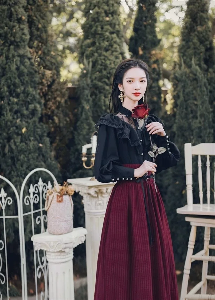 Vintage Gothic Two-Piece Skirt Sets Women Black Lace Ruffle Blouse Lace-up Midi Skirt Autumn New Court Retro Suits Y2k Outfits