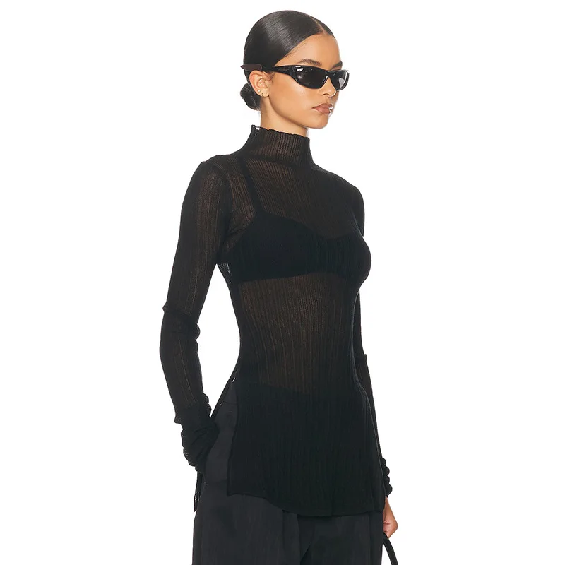 White Knitwear See-Through T-shirt Pullover Female Hollow Out Slim Loose Long Sleeve Casual Tee Women Patchwork Top Tee