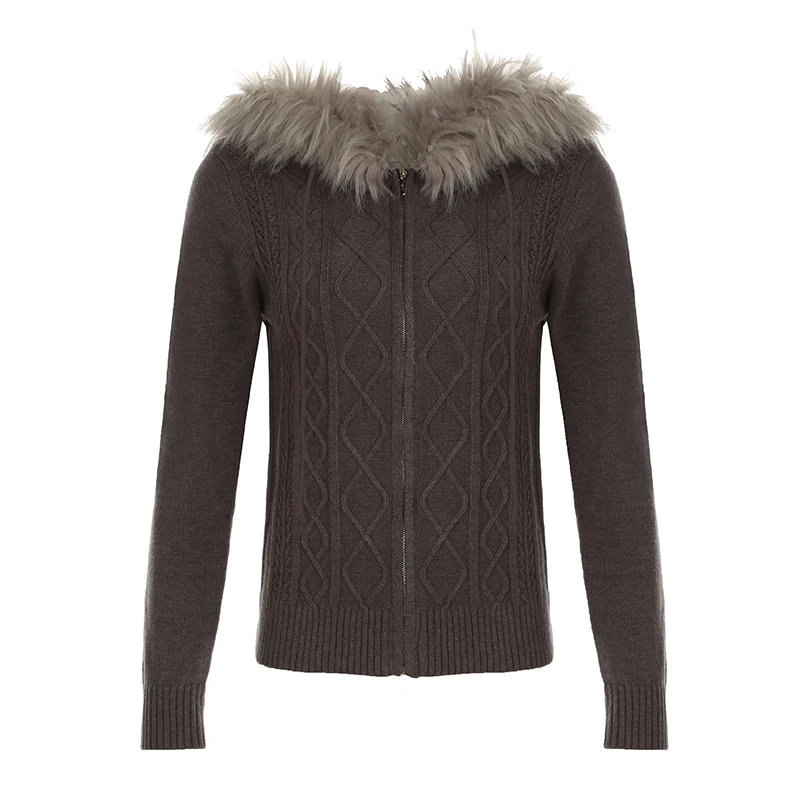 Women Fur Hooded Cardigan Fall Vintage Brown Knitted Zipper Coat Winter Street Outfits Korean Fashion Jacket 2000s
