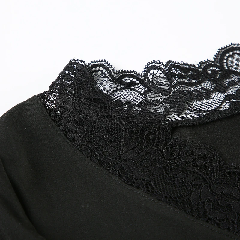 Black Lace Trim V-Neck T-Shirt Women Solid Slim Basic Long Sleeve Top Tees All-Match Autumn New