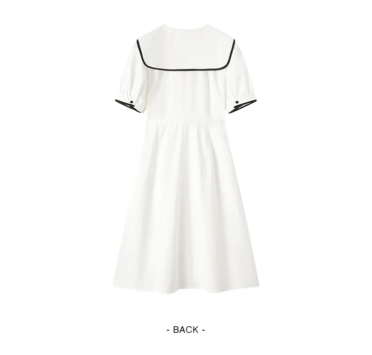 Dress Women Pure Cotton Puff Sleeves Dress Summer New Color-Block Large Lapel Mid-Length Dress College Style