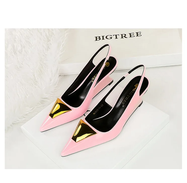 Patent Leather High Heels Wedges Shoes Lady Trendy Pumps Pointed Toe Hollow Back Strap 6.5 Cm Women Sandals White Heels Shoes