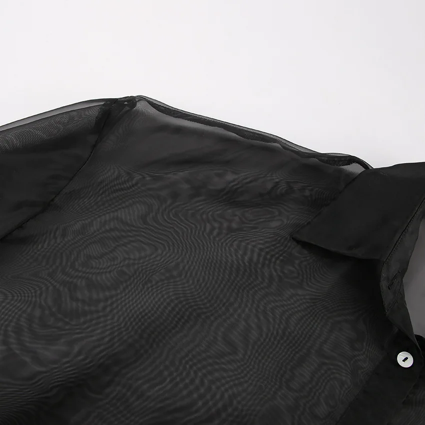 Mesh See-through Lace-Up Shirt Women's Sexy Long Sleeve Tops Fashion Solid Color Casual Streetwear Women's Shirt Tops