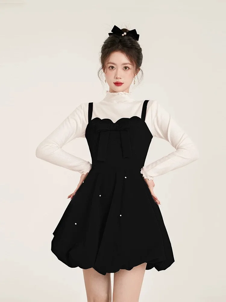 Christmas Two-piece Dress Set Women Solid Sweater A-line Velvet Sleeveless Short Dress Korean Fashion Female Autumn New Outfits