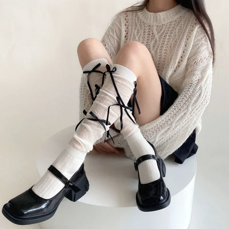 Splice Bow Loose Socks For Women Fashion Thermal Long Sock Knitting Socks Women's Y2K JK Girl Keep Warm Leg Warmers Ladie