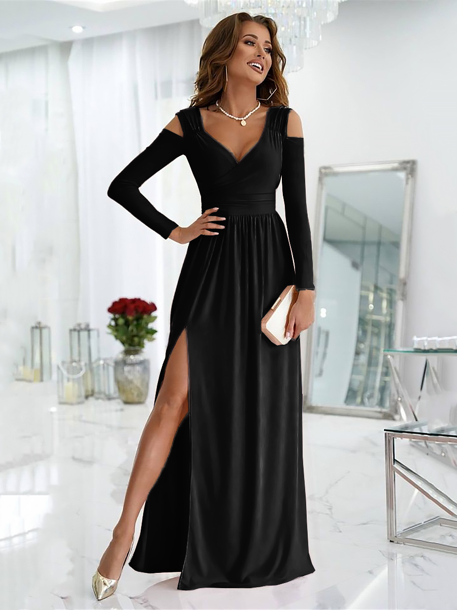Maxi Dress V-Neck Cold Shoulder Layered Cut Out Sexy Slit Prom Dress