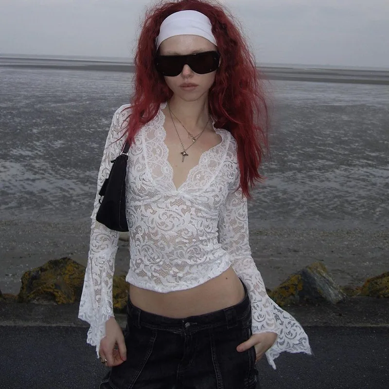 Lace See-Through Sexy Y2k Top T-shirt Women V-Neck Patchwork Hollow Out Fashion Cropped Top Night Club Clothes Crop top