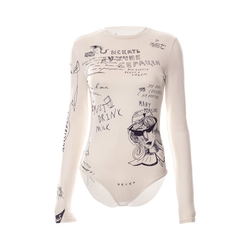 Bodycon Sexy Bodysuit Lingerie Letters Printing Crop Tops Women Y2k Clothes Long Sleeve One-pieces Body Feminino Skinny Bustier