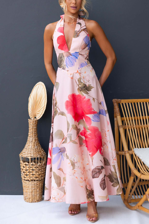 Floral Print V-neck Backless Tie-up Fitted Waist Elegant Maxi Dress