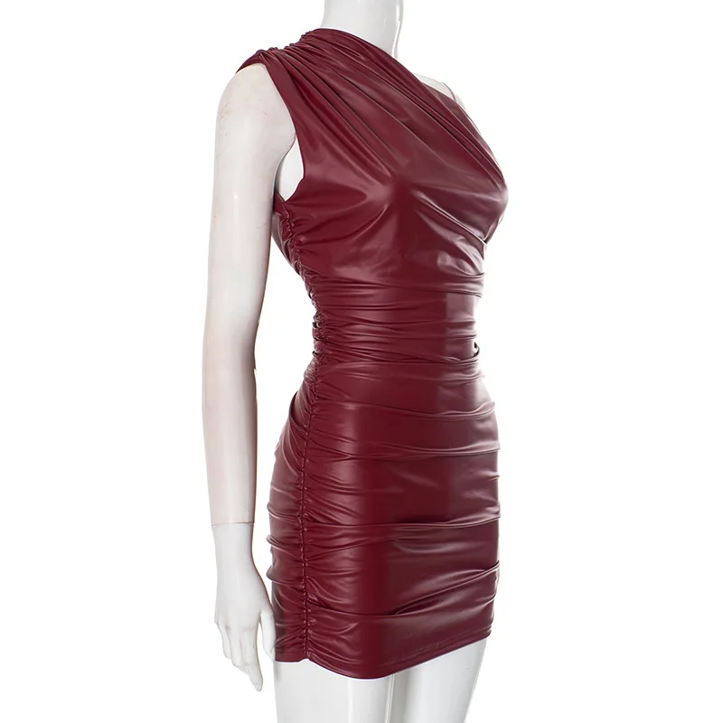 Faux Leather Skew Collar Mini Dress For Women Sexy Twist Sleeveless Ruched Dress Slim Fit Female Club Party Streetwear