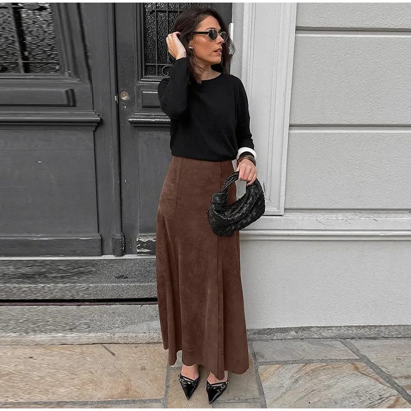 Vintage Suede Brown Skirts Women Fashion Pleated Slim Zipper Office Lady Skirts Elegant Female High Waist Party Wear New
