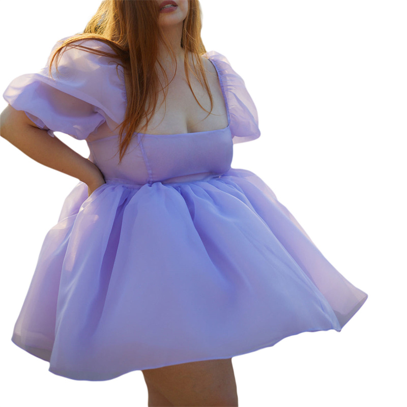 Puffy Dresses for Women y2k Aesthetic Solid Color Square Neck Bubble Sleeve Dress Sweet 2000s Party Dresses Streetwear