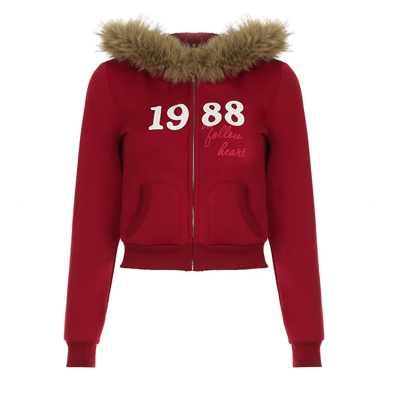 Y2K Fur Trim Hooded Sweatshirt Red Letter Print Zipper Coat with Pocket Women Streetwear Winter 90s Outwear Vintage