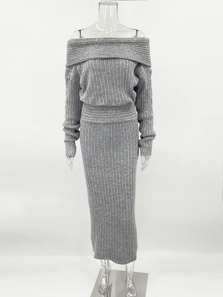 Knitted Skirt 2 Piece Set Women's One-Shoulder Long Sleeves Sweater Pullover Elegant Slim Fit Long Skirt Suit Autumn New