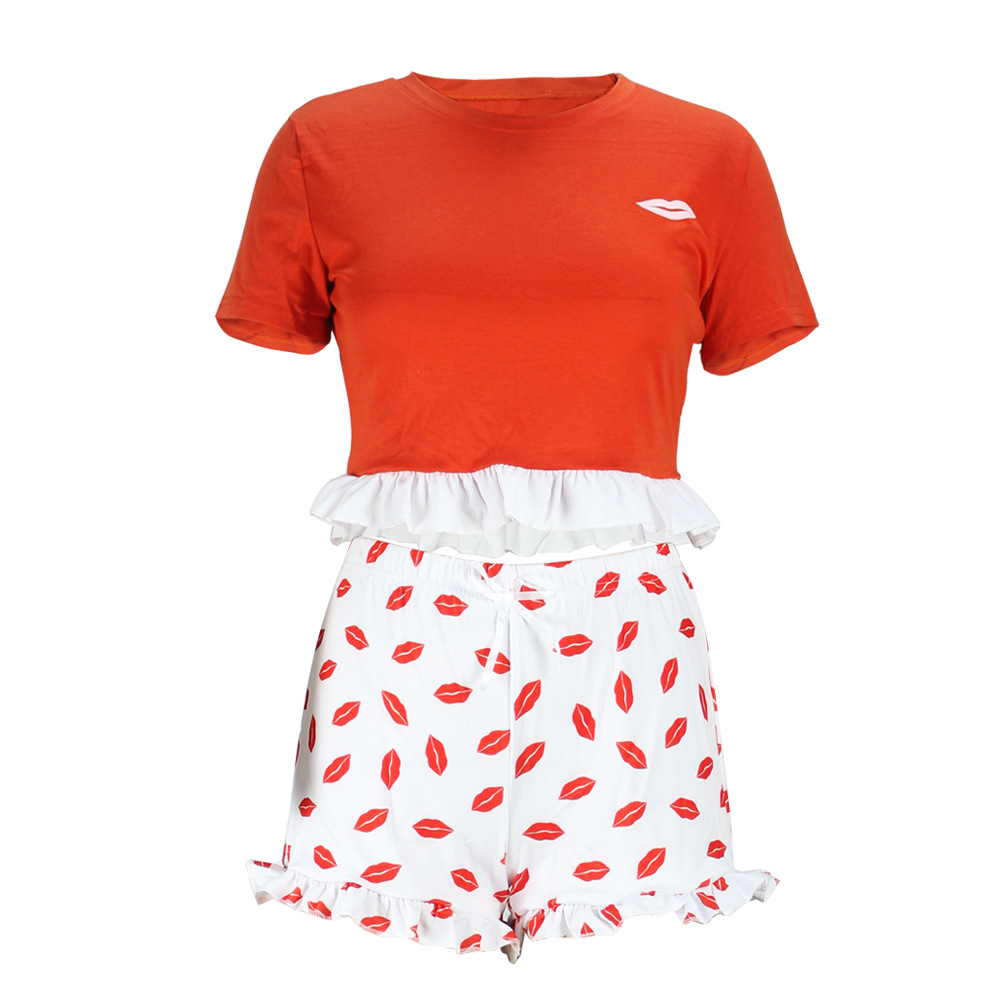 Women Clothing Summer Lace Color Matching Short-Sleeved T-shirt Women Lip Printings Slim Two-Piece Set Romper