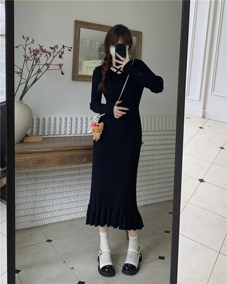 Autumn Knitted Dresses for Women Ruffles V-neck Solid Bodycon Casual Solid Midi Dress Korean Fashion Vestidos Mujer New Knitwear