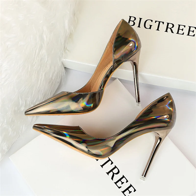 Women 10.5cm High Heels Blue Green Valentine Pumps Luxury Glossy Stripper Stiletto Wedding Bridal Fetish Shoes Plus Size 43