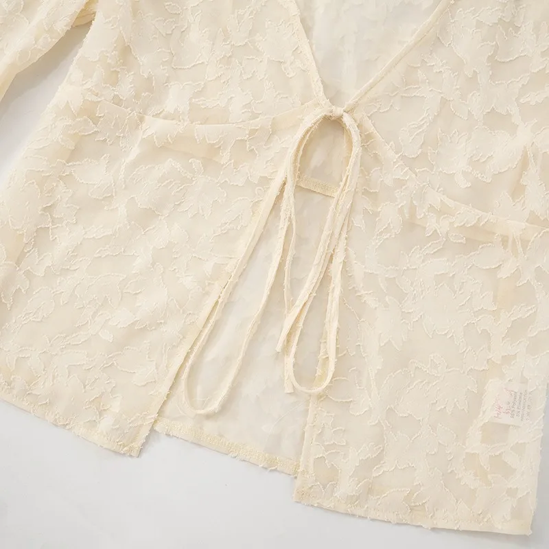 Lace Printed See-Through T-shirt Cardigan Top Female Lace-Up Patchwork Sexy Cropped Y2k Top Tee Women's Bandage Top