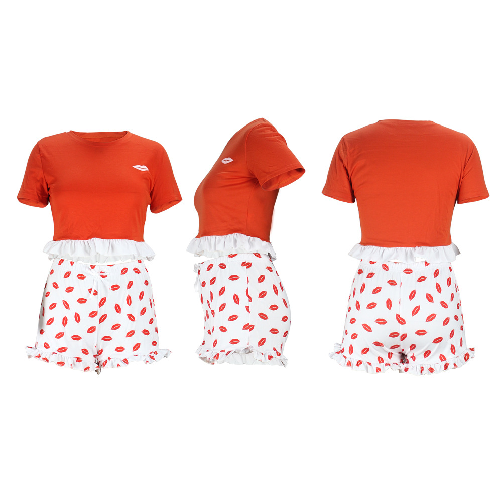 Women Clothing Summer Lace Color Matching Short-Sleeved T-shirt Women Lip Printings Slim Two-Piece Set Romper