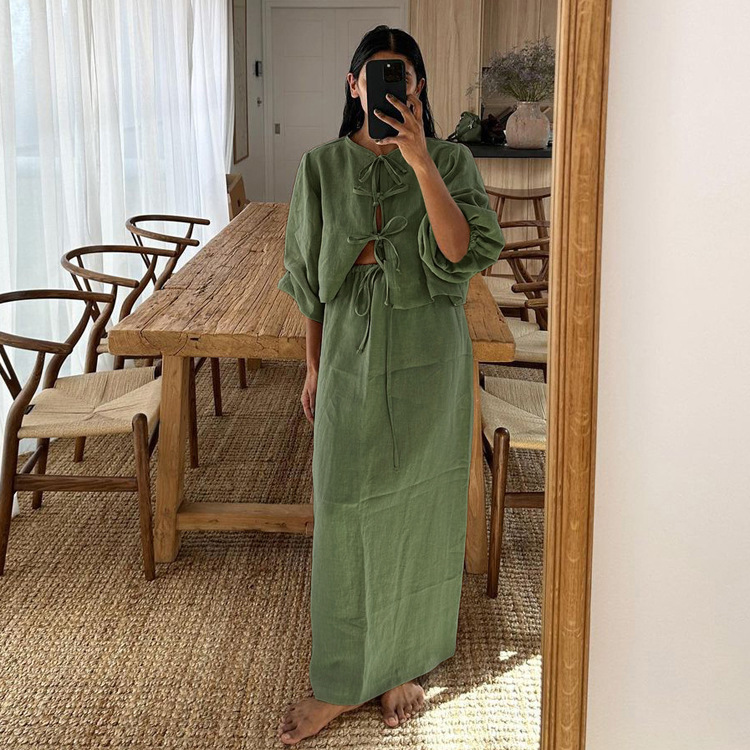 Women Clothing Retro Tea Dress for Women Puff Sleeve Shirt Set Summer