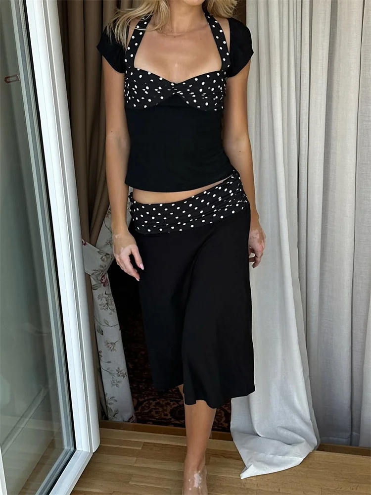 Patchwork Fashion 2 Piece-Set MIni Skirt For Women Lace-Up Contrast Backless Cropped Top And High Waist Skirt Sets Female