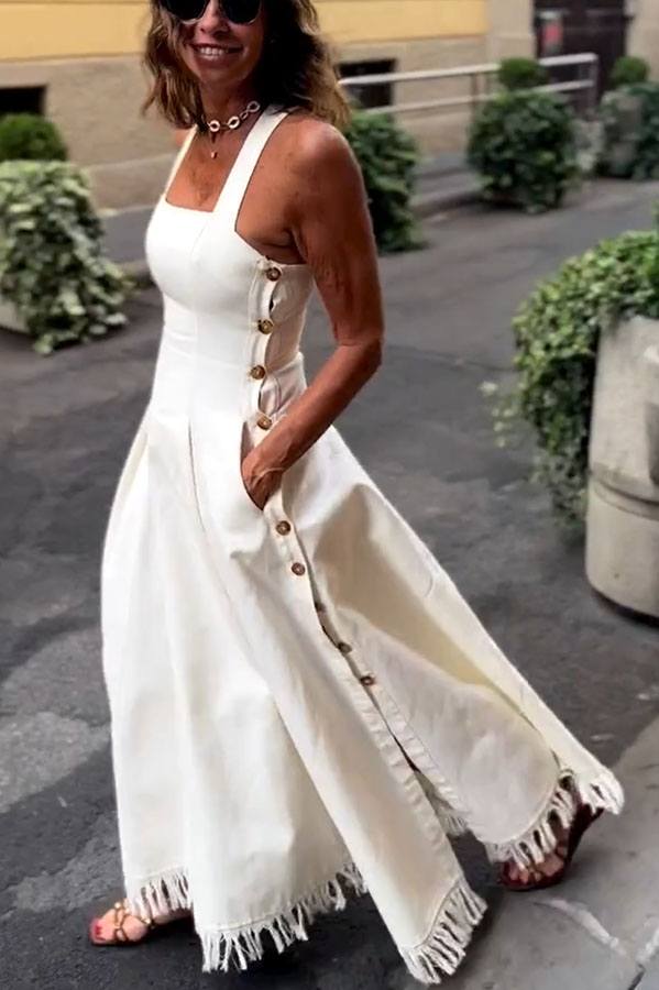 Viki Linen Blend Square Neck Wide Strap Side Button Pocket Tassel Trim Midi Dress