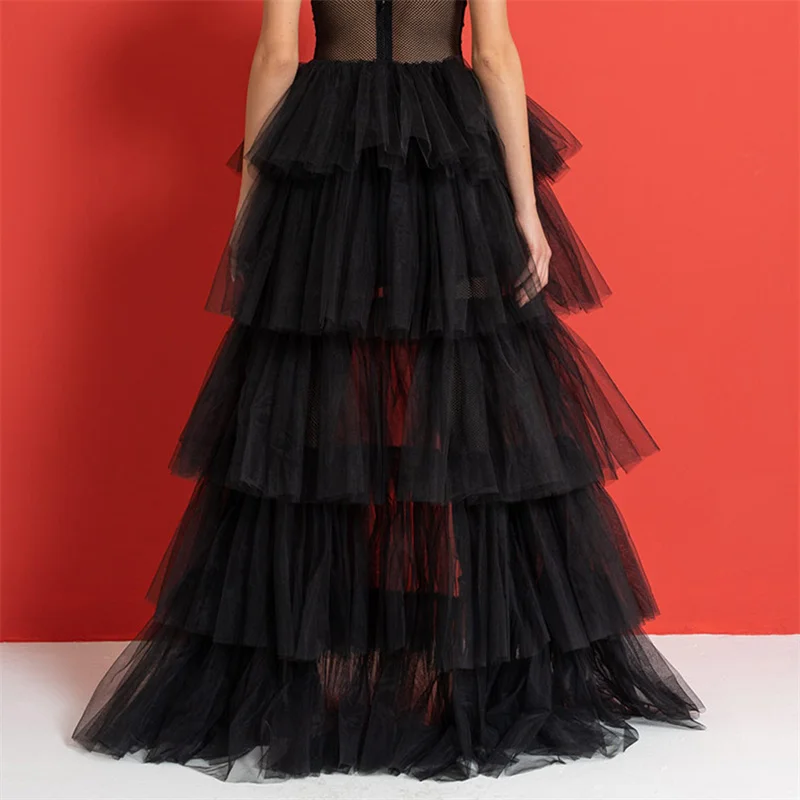 Tulle Skirts Women y2k Solid Color Elastic High Waist Asymmetrical Hem Long Skirts Summer Evening Party Skirt Clubwear