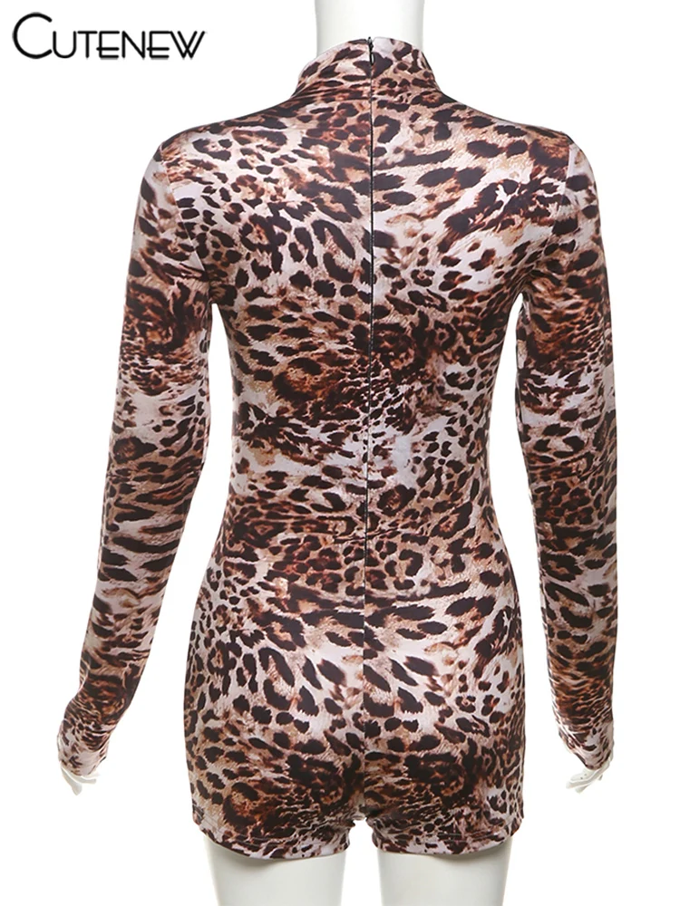 Popular Leopard Print Women Playsuit Autumn New Fashion Full Sleeve O-neck Skinny Stretch Rompers Mujer Street Clubwear