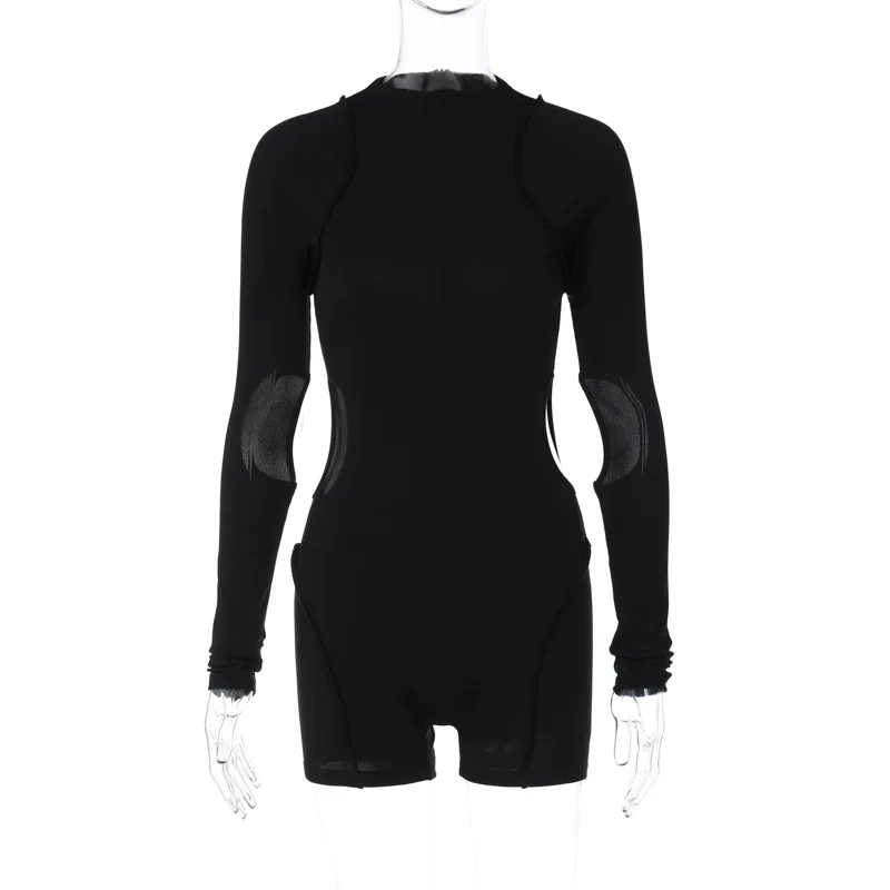 Summer Fashion Slim Solid Colour Playsuit One Piece Casual Round Neck Sleeveless Women's Sexy Hollow Splicing Women Clothing