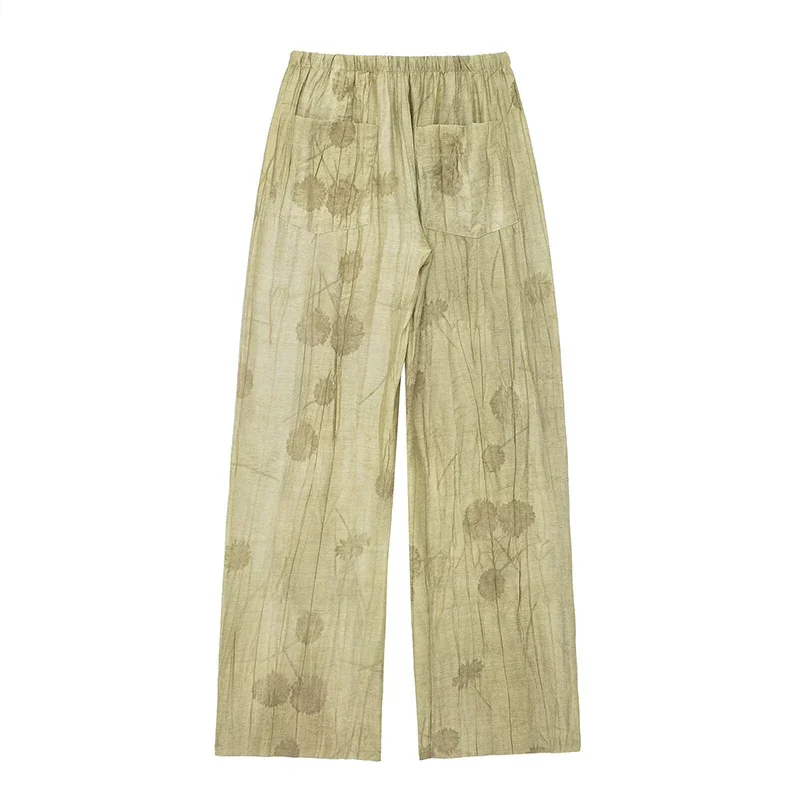 New Linen Tie-dye Print Long Pants Sets For Women Lapel Half Sleeve Single Breasted Shirts Drawstring Wide Leg Pant 2 Pieces Set