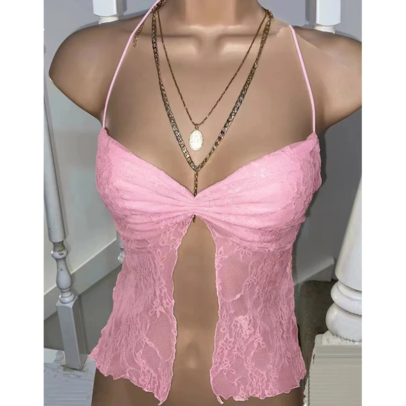 Floral Crop Top y2k Aesthetic Fairycore Grunge Spaghetti Strap Sleeveless Lace Camisole Women Halter Tank Streetwear