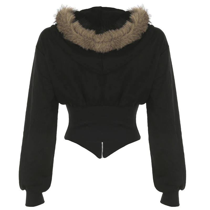 Y2K Fur Trim Hoodie Cardigan Women Basic Black Slim Cropped Jacket 90s Vintage Winter Zipper Coat Harajuku Streetwear