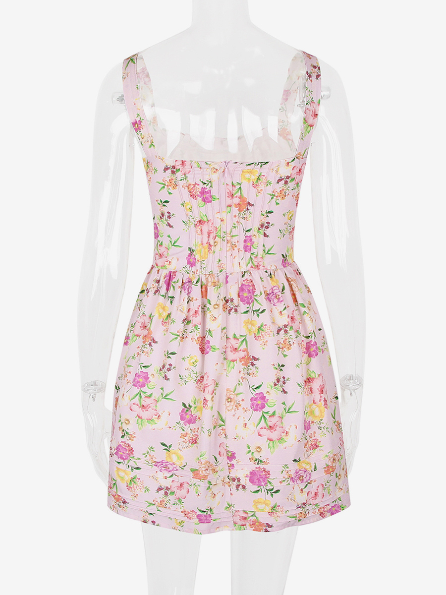 Floral Dress Mini Dresses Lace Up Straps Neck Sleeveless Cottagecore Short Dress